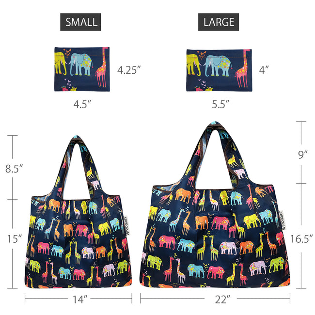Wrapables Nylon Reusable Shopping Bags, Foldable Shopping Tote Bags, Reusable Grocery Bags, Travel Bags LS (set of 2), Elephants & Giraffes
