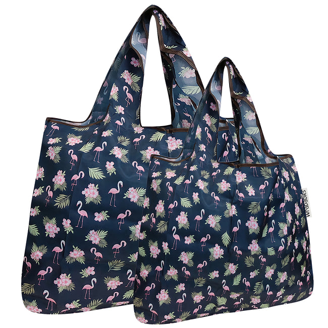 Wrapables Nylon Reusable Shopping Bags, Foldable Shopping Tote Bags, Reusable Grocery Bags, Travel Bags LS (set of 2), Flamingoes & Floral
