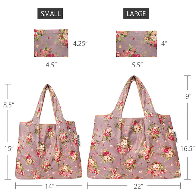 Wrapables Nylon Reusable Shopping Bags, Foldable Shopping Tote Bags, Reusable Grocery Bags, Travel Bags LS (set of 2), Roses on Khaki