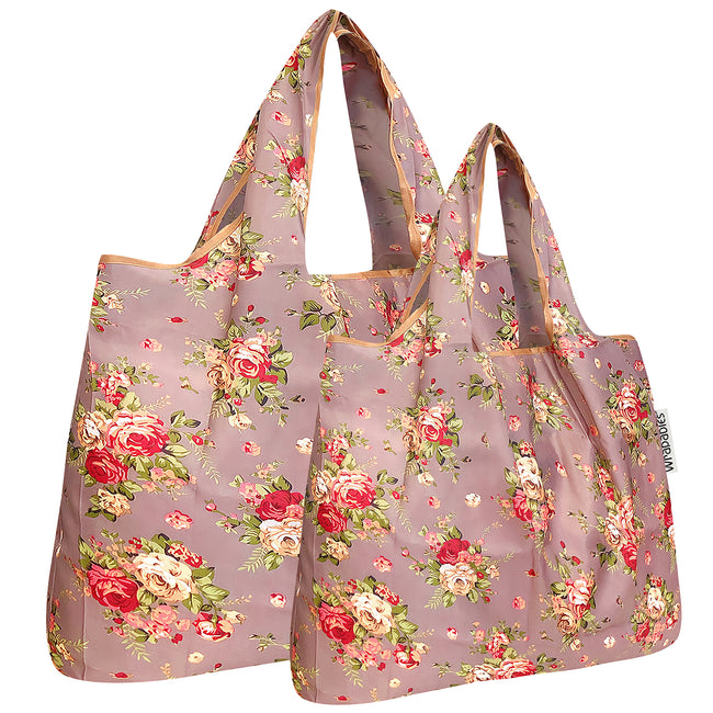 Wrapables Nylon Reusable Shopping Bags, Foldable Shopping Tote Bags, Reusable Grocery Bags, Travel Bags LS (set of 2), Roses on Khaki