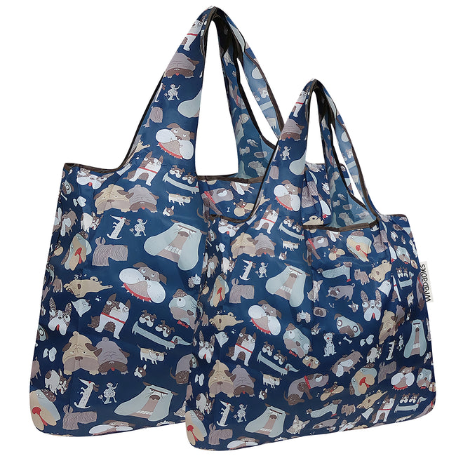 Wrapables Nylon Reusable Shopping Bags, Foldable Shopping Tote Bags, Reusable Grocery Bags, Travel Bags LS (set of 2), Silly Dogs