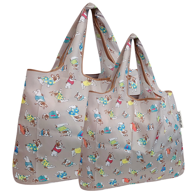 Wrapables Nylon Reusable Shopping Bags, Foldable Shopping Tote Bags, Reusable Grocery Bags, Travel Bags LS (set of 2), Gray French Bulldogs