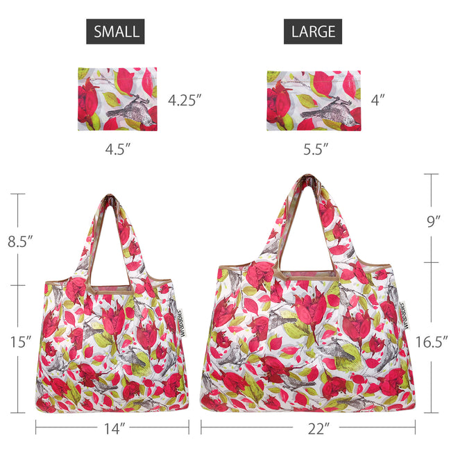 Wrapables Nylon Reusable Shopping Bags, Foldable Shopping Tote Bags, Reusable Grocery Bags, Travel Bags LS (set of 2), Red Floral with Gray Birds