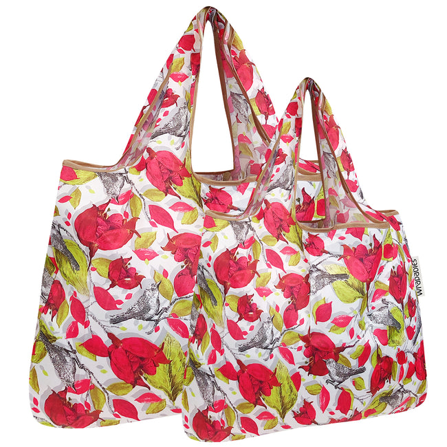 Wrapables Nylon Reusable Shopping Bags, Foldable Shopping Tote Bags, Reusable Grocery Bags, Travel Bags LS (set of 2), Red Floral with Gray Birds