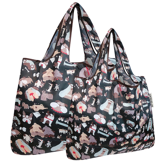 Wrapables Nylon Reusable Shopping Bags, Foldable Shopping Tote Bags, Reusable Grocery Bags, Travel Bags LS (set of 2), Black Dogs