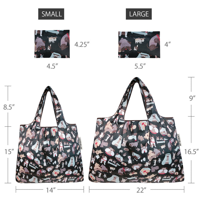 Wrapables Nylon Reusable Shopping Bags, Foldable Shopping Tote Bags, Reusable Grocery Bags, Travel Bags LS (set of 2), Black Dogs