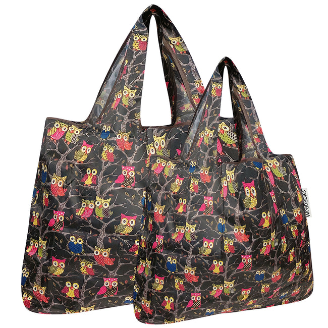 Wrapables Nylon Reusable Shopping Bags, Foldable Shopping Tote Bags, Reusable Grocery Bags, Travel Bags LS (set of 2), Owls