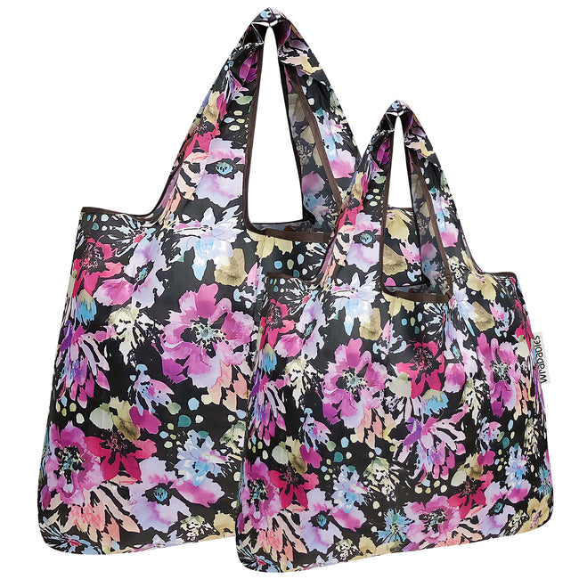 Wrapables Nylon Reusable Shopping Bags, Foldable Shopping Tote Bags, Reusable Grocery Bags, Travel Bags LS (set of 2), Violet Flowers