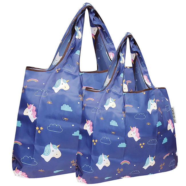 Wrapables Nylon Reusable Shopping Bags, Foldable Shopping Tote Bags, Reusable Grocery Bags, Travel Bags LS (set of 2), Unicorns & Rainbows
