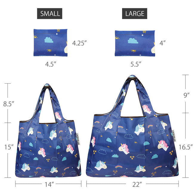 Wrapables Nylon Reusable Shopping Bags, Foldable Shopping Tote Bags, Reusable Grocery Bags, Travel Bags LS (set of 2), Unicorns & Rainbows