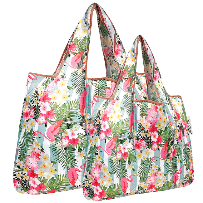 Wrapables Nylon Reusable Shopping Bags, Foldable Shopping Tote Bags, Reusable Grocery Bags, Travel Bags LS (set of 2), Flamingos & Tropical Flowers