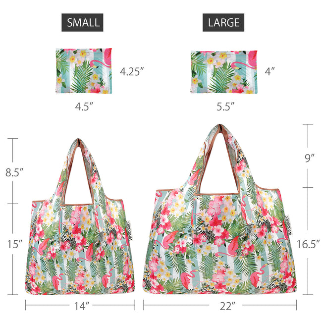 Wrapables Nylon Reusable Shopping Bags, Foldable Shopping Tote Bags, Reusable Grocery Bags, Travel Bags LS (set of 2), Flamingos & Tropical Flowers