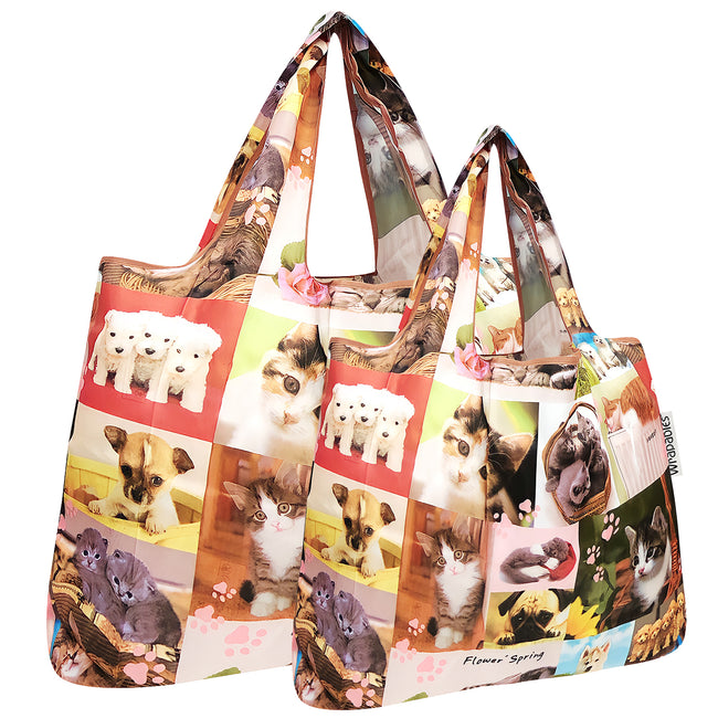 Wrapables Nylon Reusable Shopping Bags, Foldable Shopping Tote Bags, Reusable Grocery Bags, Travel Bags LS (set of 2), Cats & Dogs