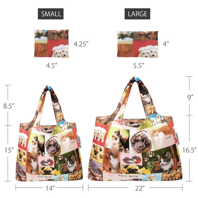 Wrapables Nylon Reusable Shopping Bags, Foldable Shopping Tote Bags, Reusable Grocery Bags, Travel Bags LS (set of 2), Cats & Dogs