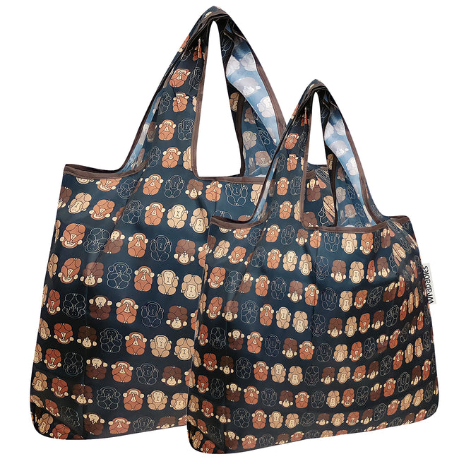 Wrapables Nylon Reusable Shopping Bags, Foldable Shopping Tote Bags, Reusable Grocery Bags, Travel Bags LS (set of 2), Monkey Business