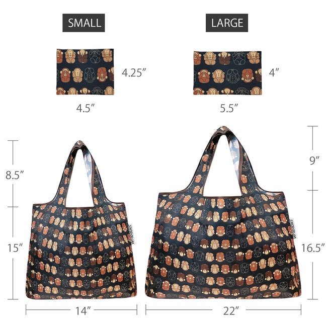 Wrapables Nylon Reusable Shopping Bags, Foldable Shopping Tote Bags, Reusable Grocery Bags, Travel Bags LS (set of 2), Monkey Business