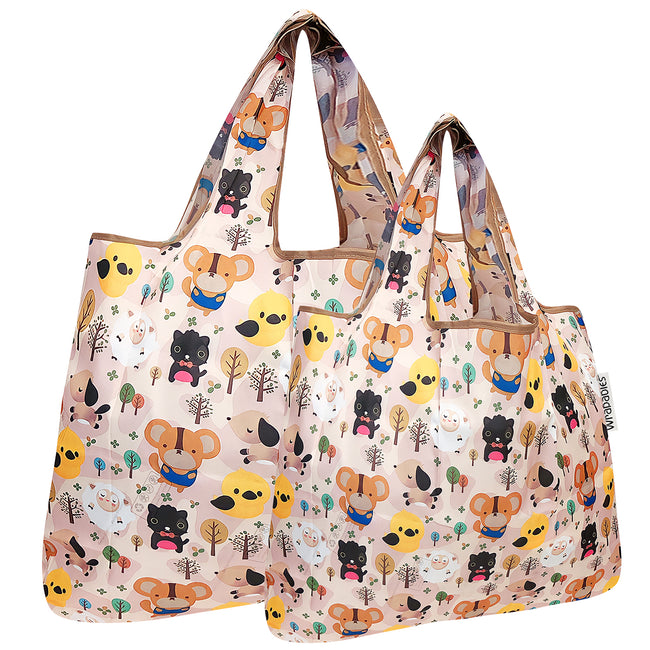 Wrapables Nylon Reusable Shopping Bags, Foldable Shopping Tote Bags, Reusable Grocery Bags, Travel Bags LS (set of 2), Cuttie Animals