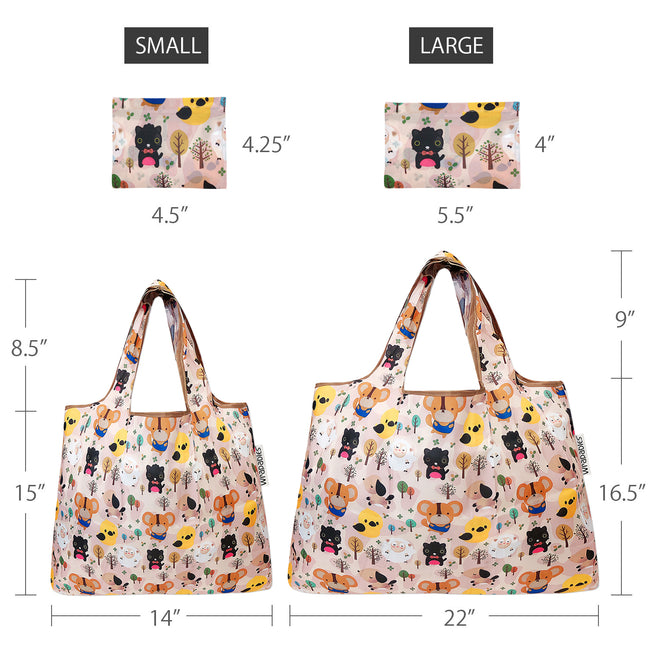 Wrapables Nylon Reusable Shopping Bags, Foldable Shopping Tote Bags, Reusable Grocery Bags, Travel Bags LS (set of 2), Cuttie Animals