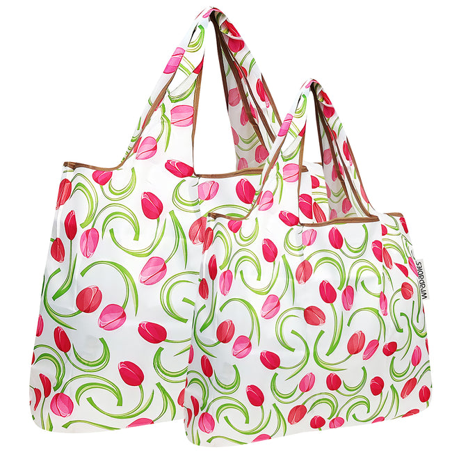 Wrapables Nylon Reusable Shopping Bags, Foldable Shopping Tote Bags, Reusable Grocery Bags, Travel Bags LS (set of 2), Pink Tulips