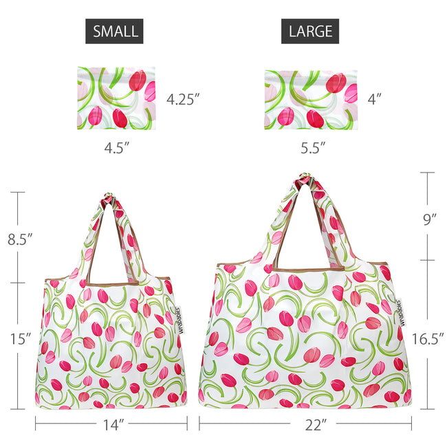 Wrapables Nylon Reusable Shopping Bags, Foldable Shopping Tote Bags, Reusable Grocery Bags, Travel Bags LS (set of 2), Pink Tulips