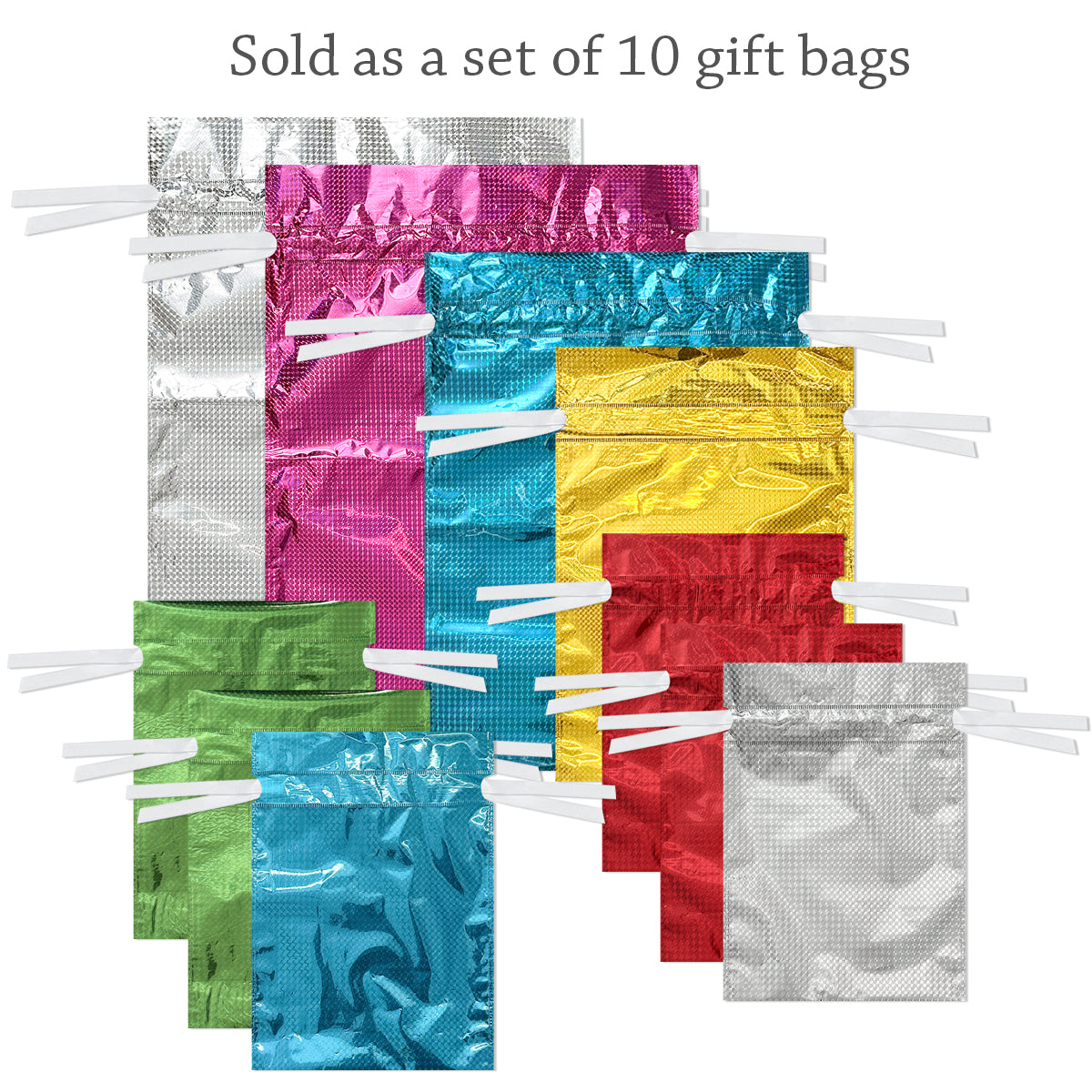 Wrapables Aluminum Foil Hologram Drawstring Gift Bags for Party Favors, Goodie Bag, Treats, Gift Wrap, Parties (Set of 10), Solid Color