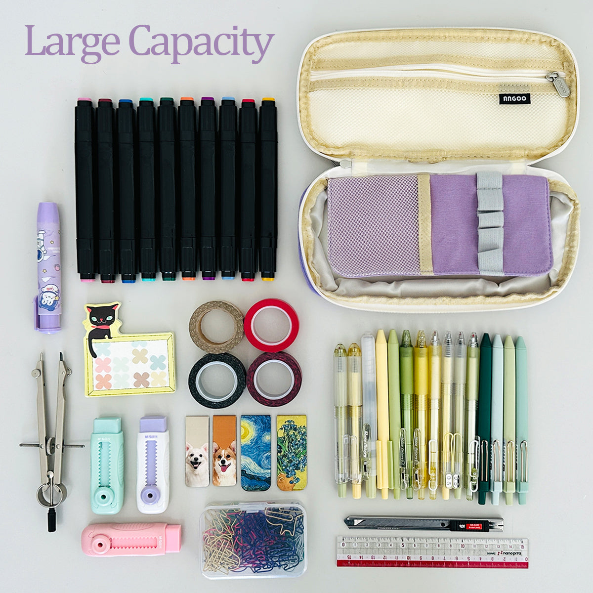 Wrapables Large Capacity Pencil Case, 3 Compartment Pencil Pouch for Stationery Pens Black Dots