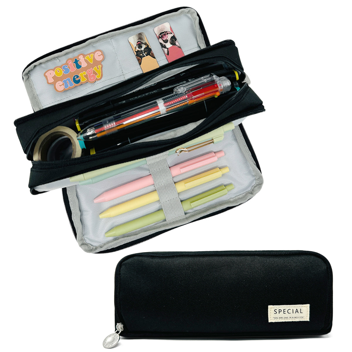Wrapables Large Capacity Pencil Case, 3 Compartment Pencil Pouch for Stationery Pens Black