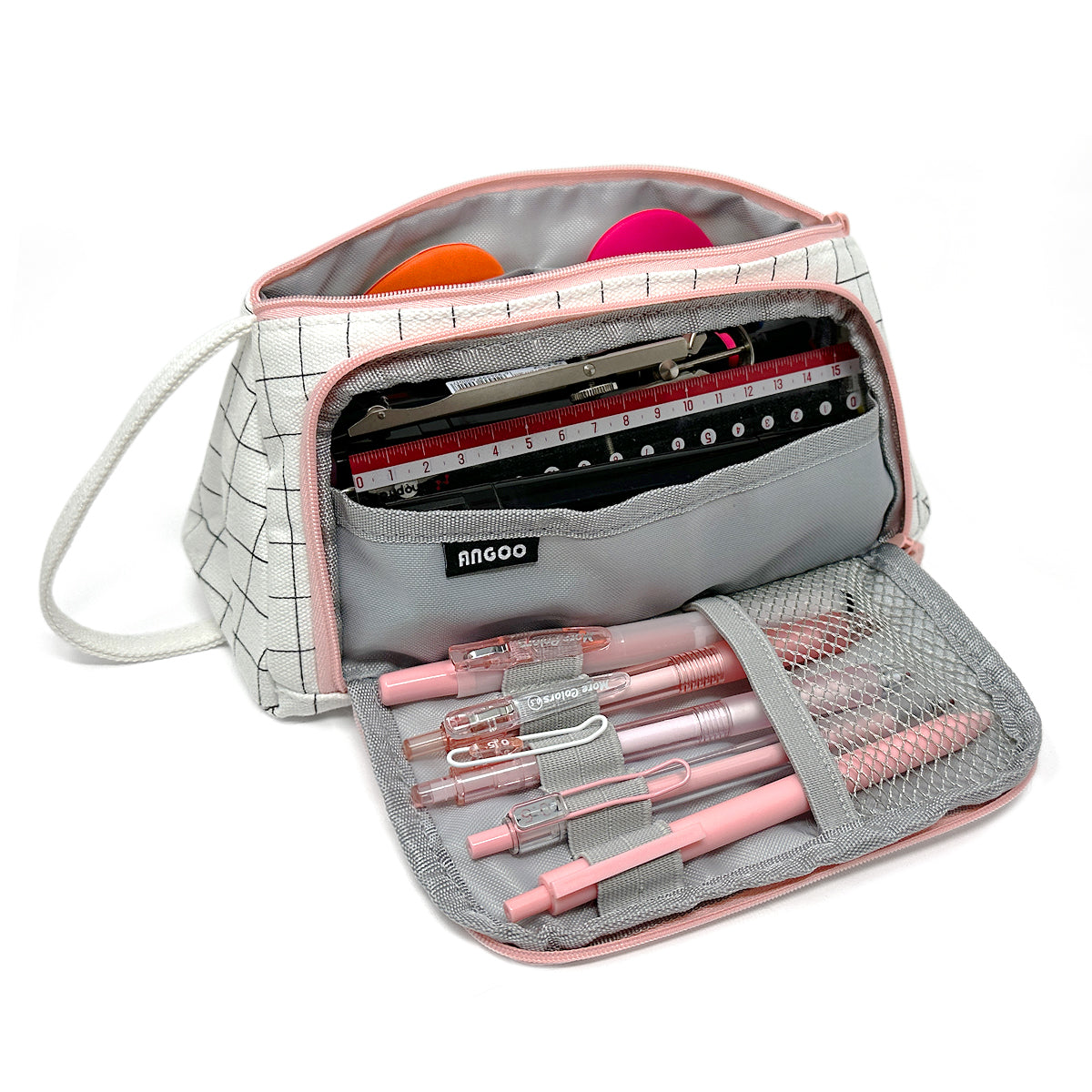 Wrapables Large Capacity Pencil Case, Portable Pencil Pouch for Stationery Office Supplies Pink & White