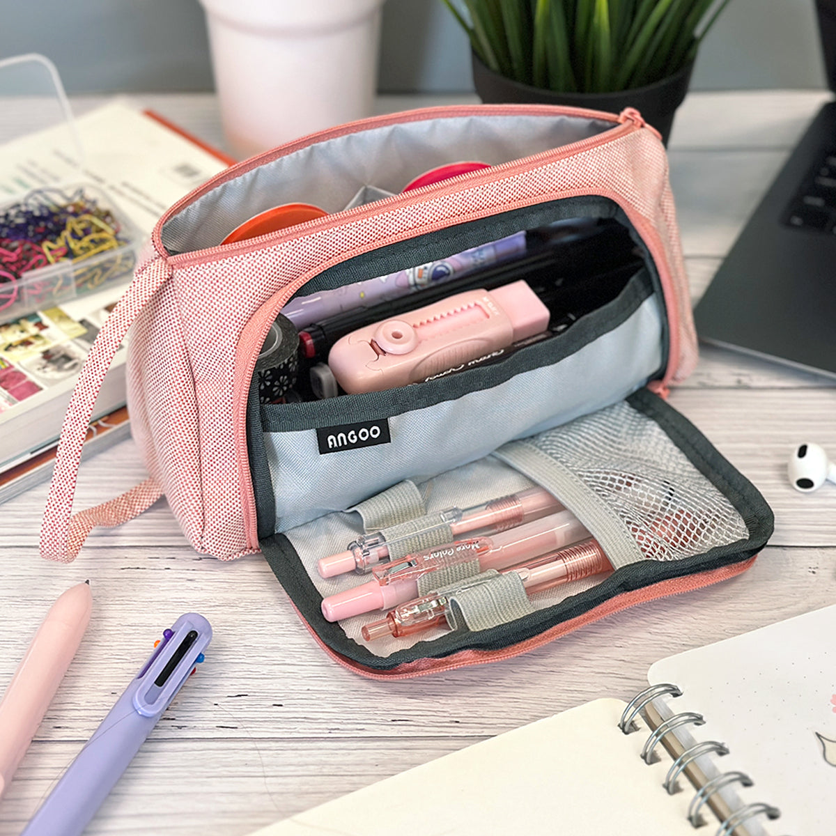 Wrapables Large Capacity Pencil Case, 3 Compartment Pencil Pouch for Stationery Pens Macarons