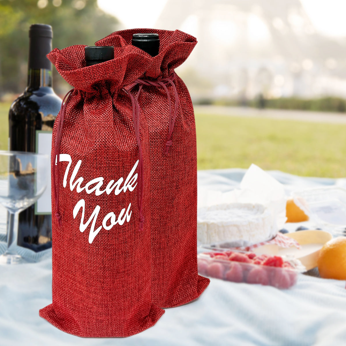Wrapables Reusable Burlap Wine Bags, Rustic Gift Bags with Drawstring (Set of 8)