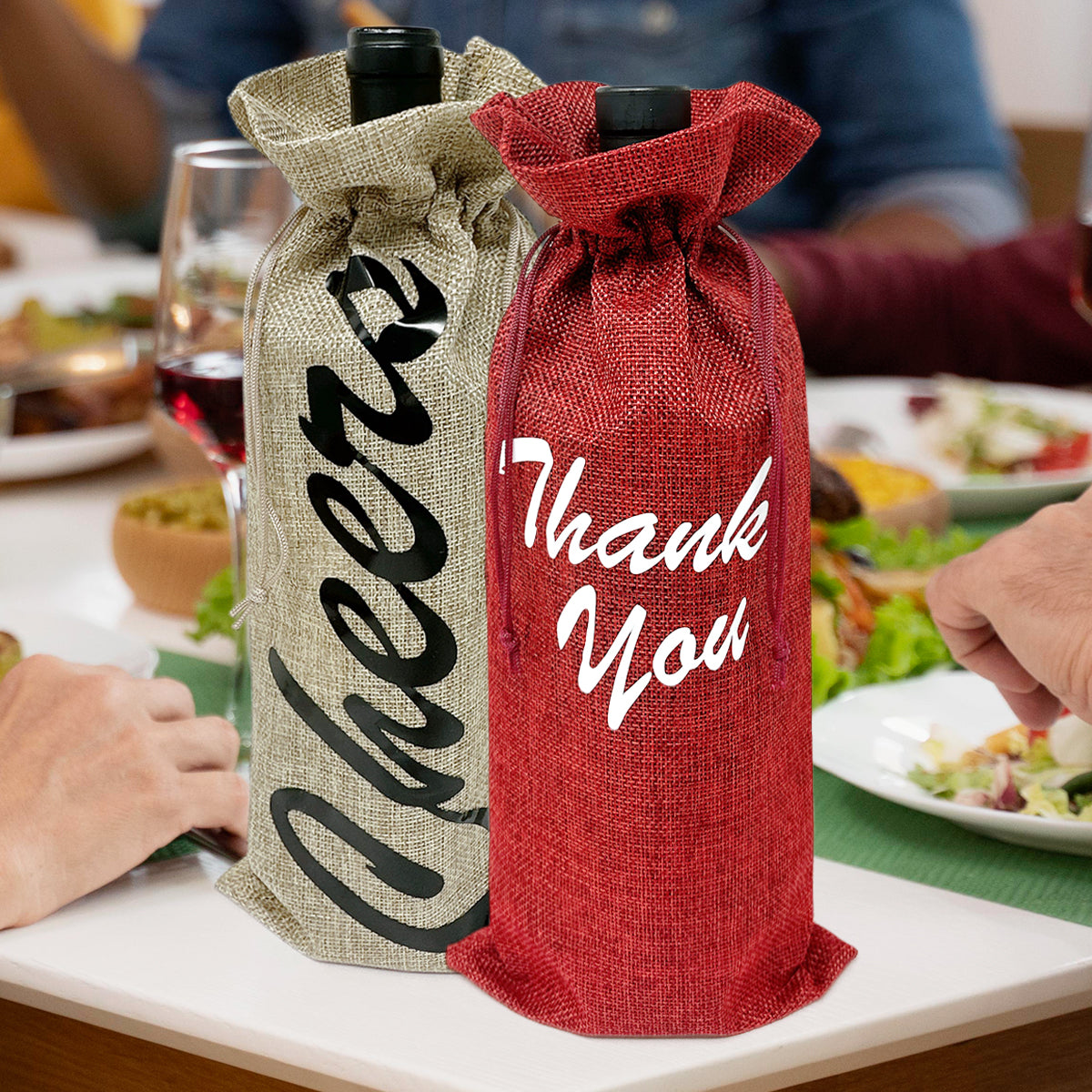 Wrapables Reusable Burlap Wine Bags, Rustic Gift Bags with Drawstring (Set of 8)