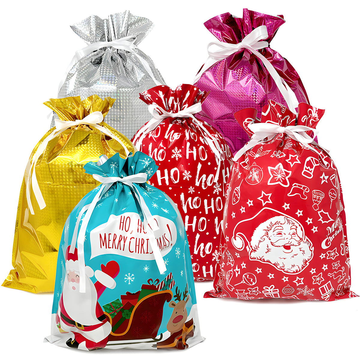 Wrapables XL Red & White Aluminum Foil Holiday Drawstring Christmas Gift Bags (Set of 6)