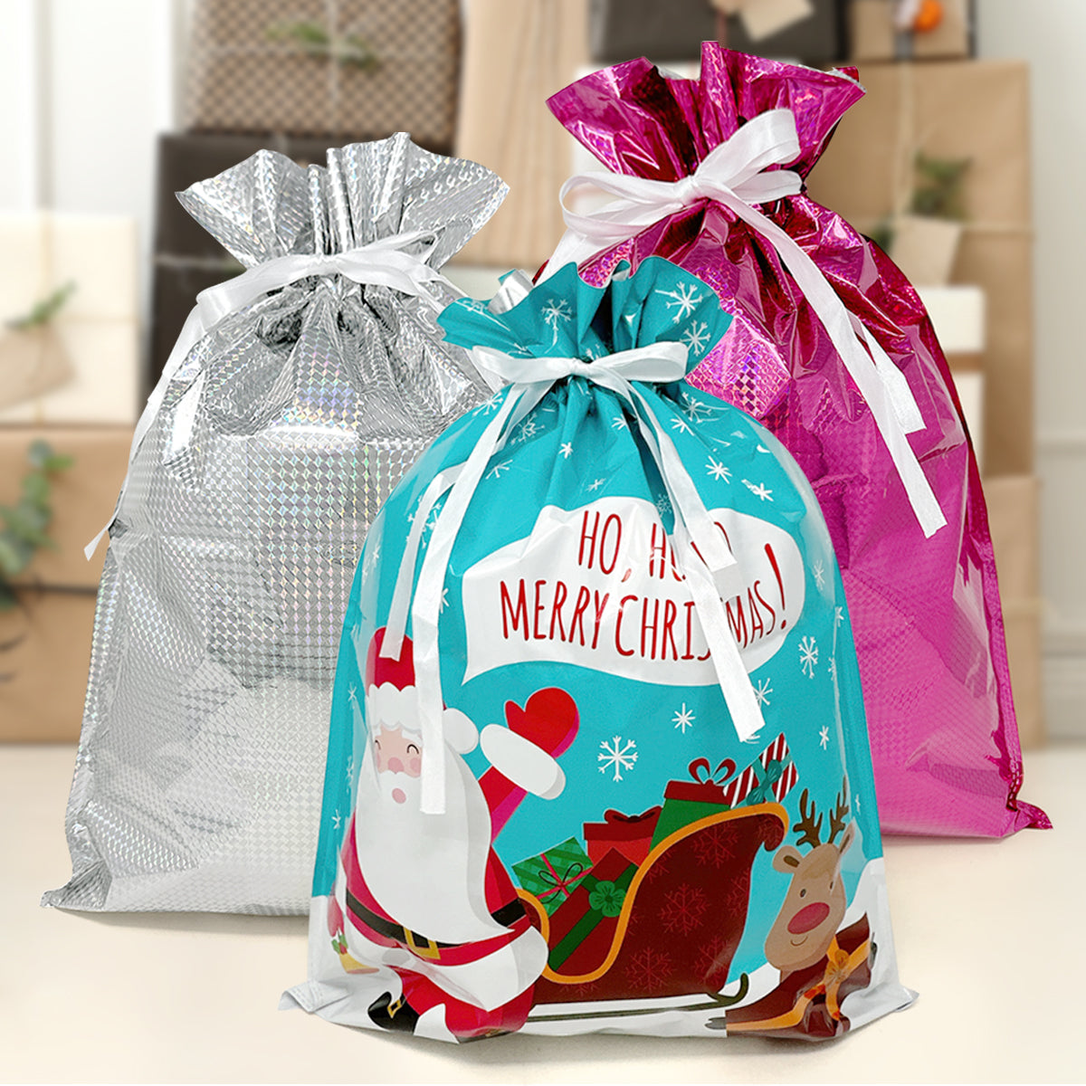 Wrapables Aluminum Foil Christmas Holiday Drawstring Gift Bags for Par